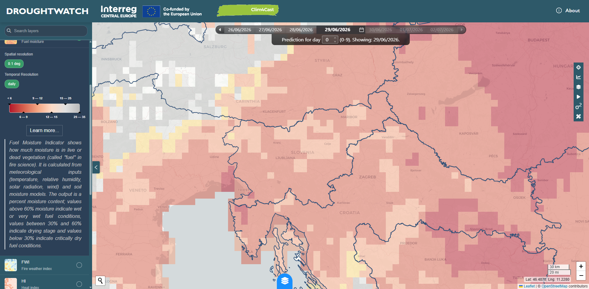 DroughtWatch portal with Fuel Moisture Index displayed. Darker shades of red indicate lower moisture (29 June, 2026)